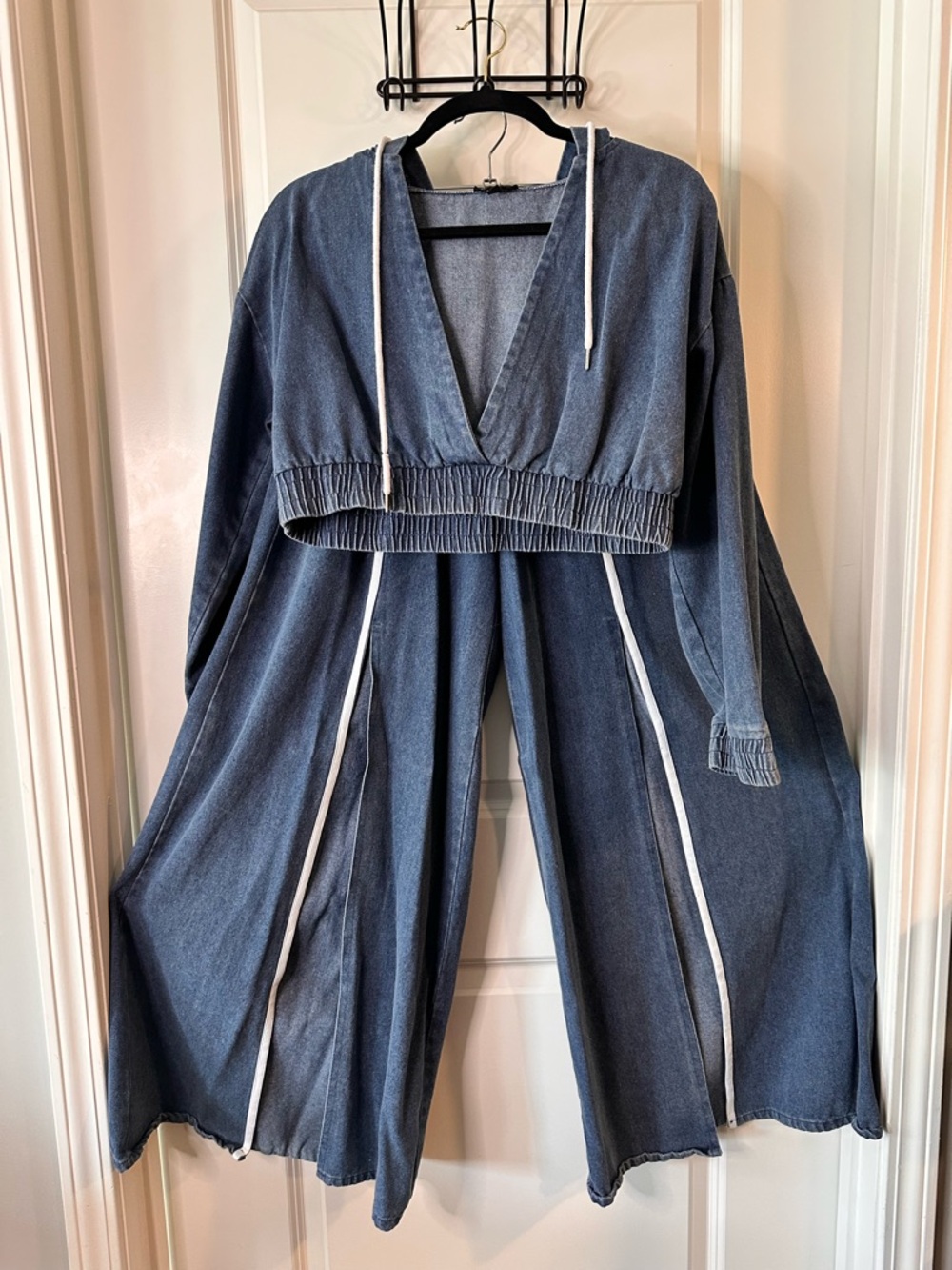 Kaylee Kollection Denim 2-Piece Set - Cropped Hoodie & Wide Leg Slit Pants - L